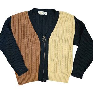 Retro Womens Small Ribbed Cable Knit Zipup Cardigan‎ Sweater Neutral Colorblock